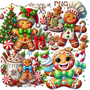 Op de afbeelding: Een verzameling van gingerbread-mensen, koekjes en kerstversiering. De gingerbread-mensen zijn versierd met glazuur en snoepjes. Er is een kerstboom, snoepstokken en een gingerbread-huis.