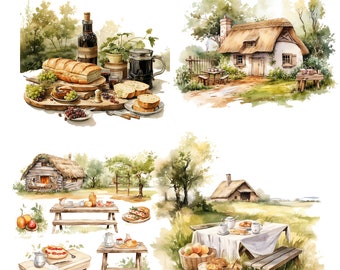 22 Watercolor cottagecore picnic Clipart Bundle Png Cottagecore Romantic Clipart picnic  clip art Sublimation Design Journal commercial use