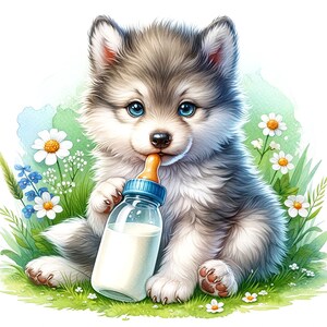 Puede incluir: Un lindo cachorro de lobo gris y blanco sentado en un campo de margaritas y bebiendo de un biberon azul con una tetina amarilla.