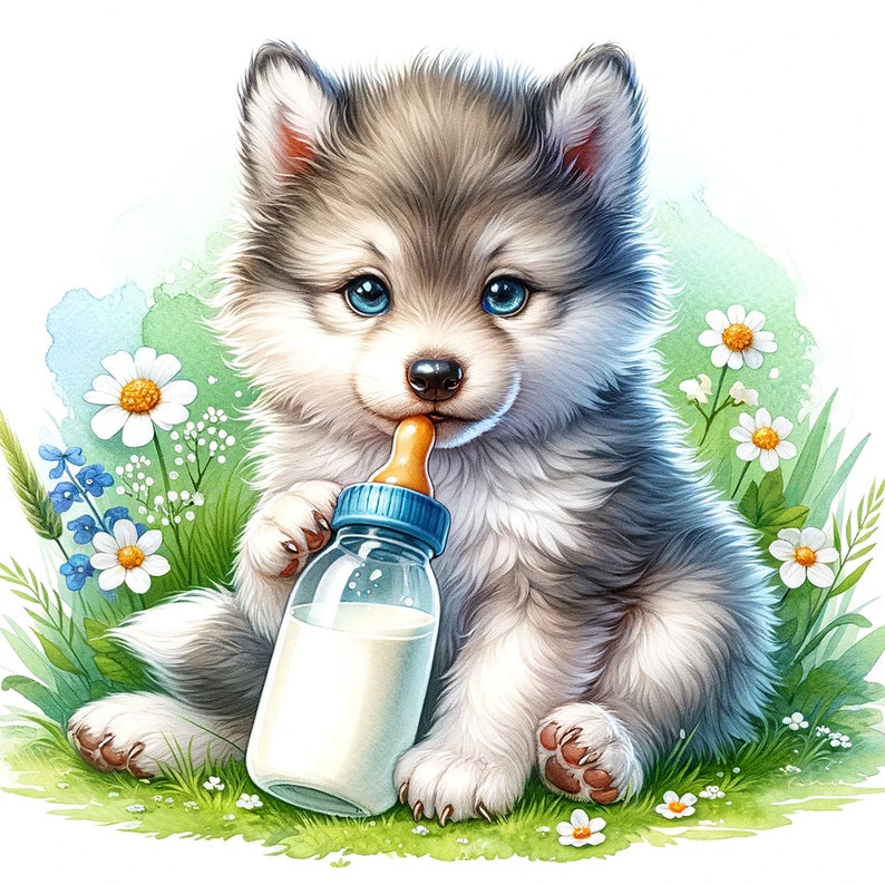 Puede incluir: Un lindo cachorro de lobo gris y blanco sentado en un campo de margaritas y bebiendo de un biberon azul con una tetina amarilla.