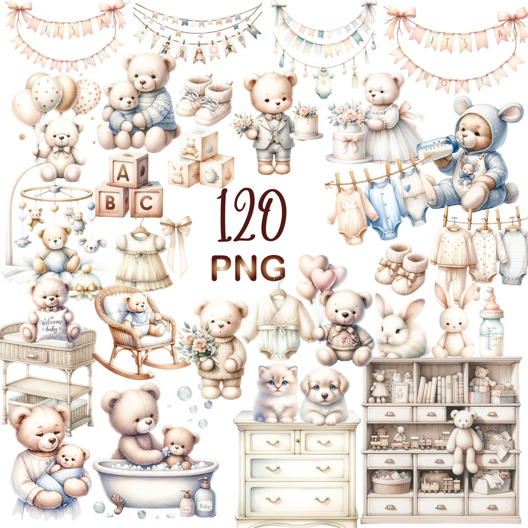 120 PNG, Gender Neutral Baby Shower Clipart Bundle, Newborn Clipart