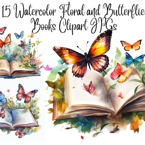 15 Watercolor Floral and Butterflies Books JPGs, butterflies books, Commercial use, Digital Planner,Digital Download, Books clipart