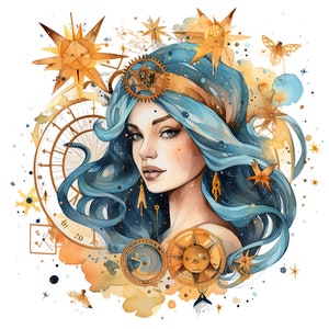 12 Zodiac Goddess Clipart,Horoscope clipart, JPGs, Watercolor, Digital Planner, Journals, Wall Art, Commercial Use,Digital Download