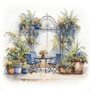 Puede incluir: Pintura a la acuarela de una escena de jardín con una mesa y sillas de hierro forjado. Las sillas son de rayas azules y blancas. Plantas y flores en macetas de varios colores rodean la mesa y una puerta decorativa contra una pared blanca.