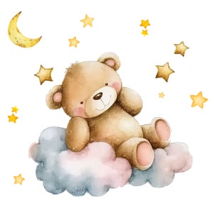 May include: A brown teddy bear with a pink nose and pink paws sits on a fluffy blue and pink cloud. The bear is surrounded by yellow stars and a crescent moon.