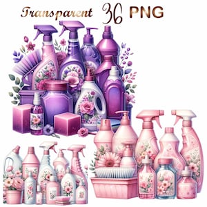 May include: A collection of 36 purple and pink cleaning bottles with floral designs. The bottles are arranged in two groups, with a pink basket and a pink and purple box in the foreground. The bottles are all different shapes and sizes, and some have spray nozzles. The bottles are decorated with flowers, leaves, and other floral motifs.