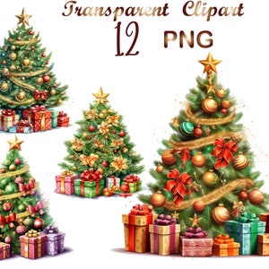 May include: Watercolor illustrations of Christmas trees with ornaments, bows, and star toppers. Presents in various sizes and colors are at the base of each tree. The text "Transparent Clipart 12 PNG" is at the top.