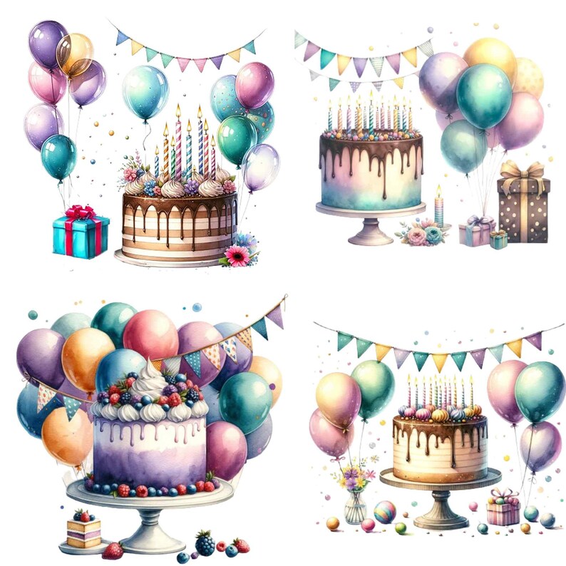 Watercolor Birthday Clipart, Balloons, Cake, Party PNG Bundle ...