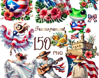 Puerto Rico Clipart Bundle Set 2, 150 PNG, Glossy Watercolor, Puerto Rico Flag, Island Culture, Tropical Digital Download