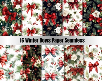 Watercolor Winter Bows Digital Paper: Christmas Patterns (Digital Download)