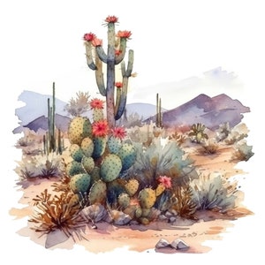 Puede incluir: Pintura acuarela de un paisaje des&eacute;rtico con un cactus alto en el centro, rodeado de cactus y arbustos m&aacute;s peque&ntilde;os. El cactus tiene flores rosas y hojas verdes. El fondo es de un azul y un morado brumosos.