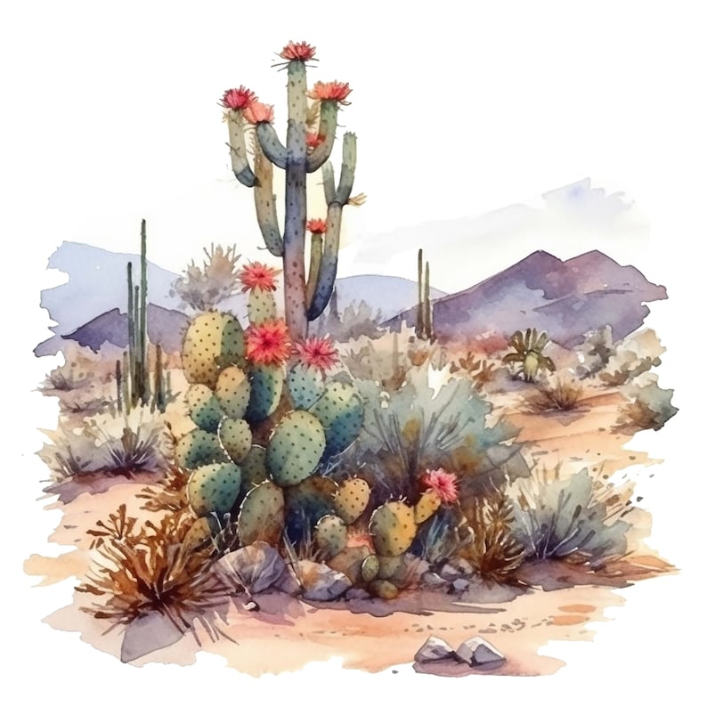 Puede incluir: Pintura acuarela de un paisaje des&eacute;rtico con un cactus alto en el centro, rodeado de cactus y arbustos m&aacute;s peque&ntilde;os. El cactus tiene flores rosas y hojas verdes. El fondo es de un azul y un morado brumosos.
