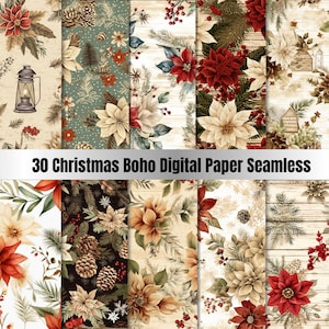 30 carta digitale Boho natalizia senza soluzione di continuità, sfondo scozzese natalizio senza soluzione di continuità, sfondo floreale natalizio, scarica Junk Journal, scrapbooking