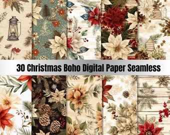 30 Seamless  Christmas Boho Digital Paper, Christmas Plaid Background Seamles, Xmas Floral Backdrop,Download Junk Journal,Scrapbooking