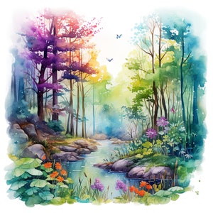 10 魔法の森の風景クリップアート PNG、セット 1、春の美しい風景バンドル、花と小川のある草原、水彩画の森