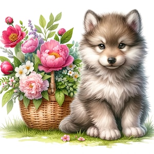 Puede incluir: Un lindo cachorro de lobo gris sentado frente a una cesta de mimbre llena de flores rosas y blancas.