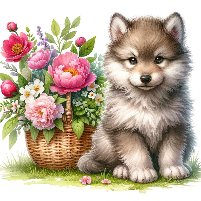 Puede incluir: Un lindo cachorro de lobo gris sentado frente a una cesta de mimbre llena de flores rosas y blancas.