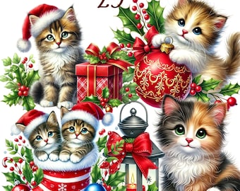 25 PNG Christmas Kitten clipart bundle, set 4, Cute Christmas Cats Clipart,Holiday Clipart Digital Download, Unlimited Commercial Use Crafts