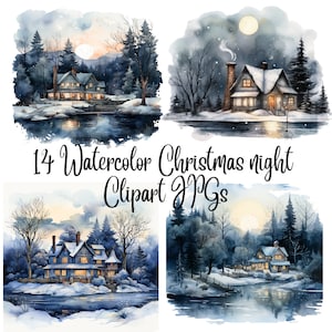14 Watercolor Christmas night  Clipart JPGs, Commercial USe,Digital Download, Christmas Clipart,  Winter Clipart, Holiday Clipart,Christmas