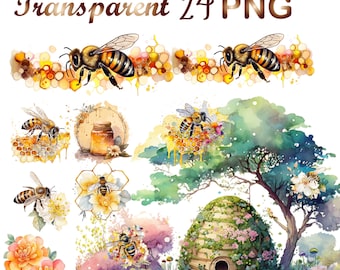 24 png, Honey  bee clipart bundle, bee clipart, Watercolor Bee Clipart png, Sublimation design,honey bee png,bee sublimation,Commercial Use