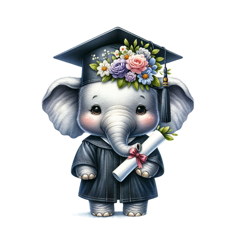 May include: A cute gray elephant wearing a black graduation cap and gown, holding a diploma scroll with a red ribbon. The elephant has a flower crown with pink, blue, and white flowers.