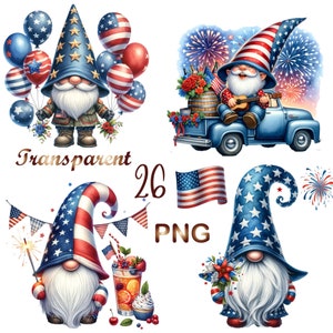 26 PNG, Patriotic Gnome Clipart  Bundle.  American Pride, 4th of july PNG, Veteran day , Memorial Day png, Free Commercial use