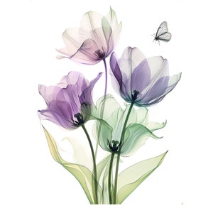 May include: A bouquet of translucent purple and green tulips with a delicate butterfly perched on one of the petals.
