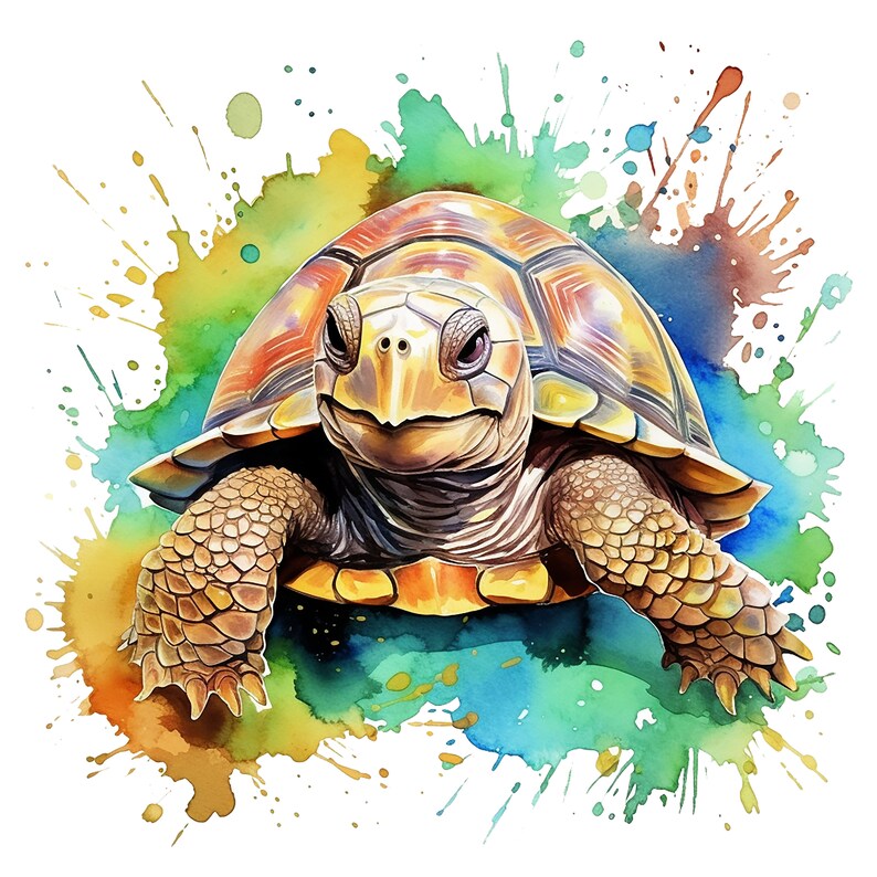 May include: A watercolor painting of a turtle with a brown, yellow, and orange shell. The turtle is surrounded by colorful watercolor splatters.