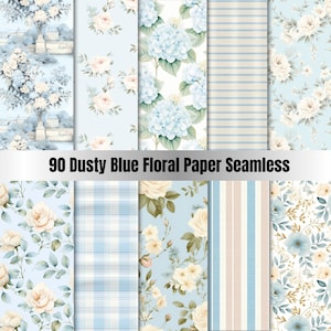 Papel digital floral azul polvoriento sin costuras, paquete de papel imprimible shabby chic sin costuras, álbum de recortes de tela preppy, papel azul, diario basura para guardería