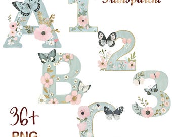 36+ PNG, Watercolor Butterflies & Flowers Alphabet Collection Clipart, Floral Alphabet Clipart, Baby Milestone Clipart, Digital Download