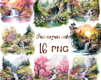 16 PNG, Forest Waterfalls Clipart, Woodland nature landscape scenery clipart, Waterfalls Scenery Clip art, Commercial Use, Digital Download