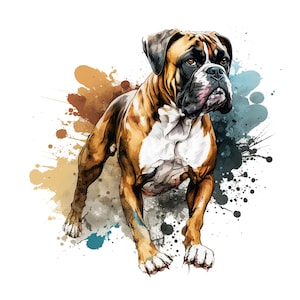 Peut inclure: Un Boxer brun et blanc avec un pelage bringé se tient sur un fond aquarelle avec des éclaboussures de brun, de bleu et de gris.