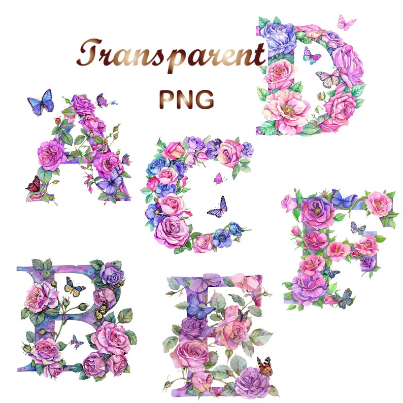 36+ PNG, Watercolor Rose Alphabet Collection Clipart, Roses Butterflies ...