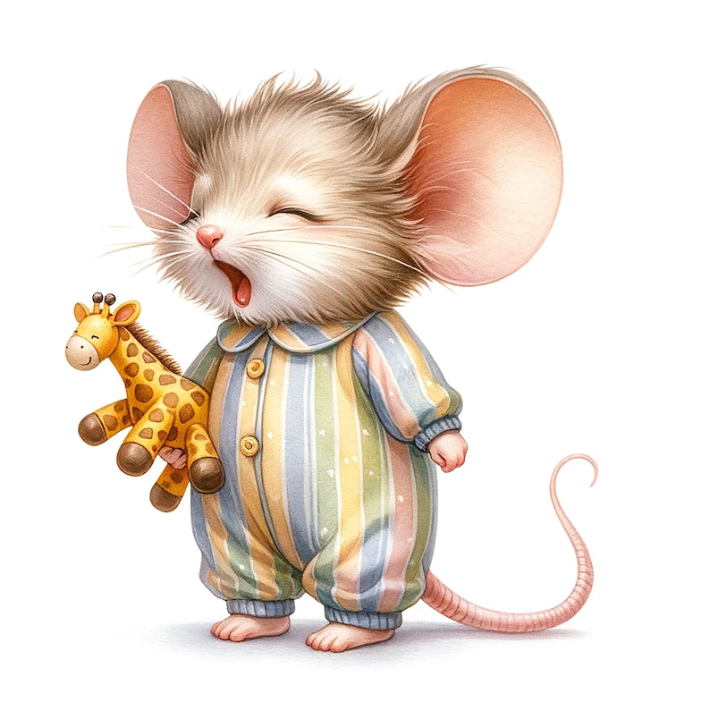 May include: A cute cartoon mouse wearing blue and yellow striped pajamas yawns while holding a yellow and brown stuffed giraffe toy.