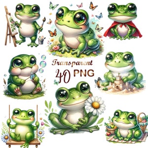 40 PNG set 1 Cute Frogs Clipart bundle, Frog Graphics Designs, Digital Download, Unlimited Commercial Use for Crafts
