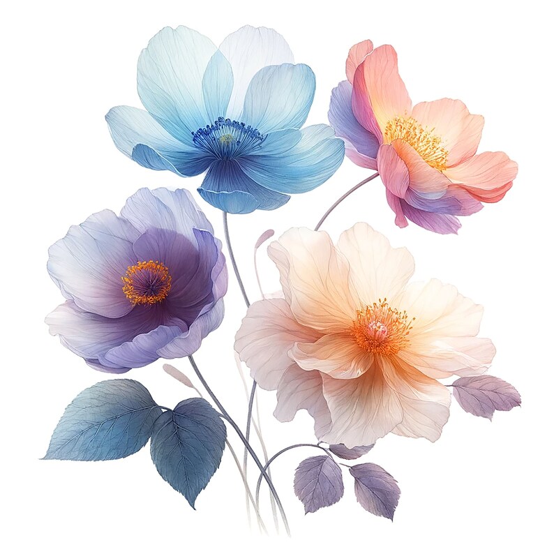 K&ouml;nnte beinhalten: Ein Strau&szlig; zarter Blumen in Blaut&ouml;nen, Lila, Rosa und Orange. Die Blumen haben eine aquarellartige Optik und sind vor einem wei&szlig;en Hintergrund angeordnet.