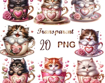 20 Kitten Valentines Clipart PNG, Valentines Kitten in a cup png, Baby Kitten Clipart, Kitten Clip Art, Commercial USe, Digital Download