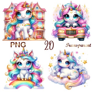 20 PNG Baby Unicorn Watercolor Clipart, Unicorn Сlip art, cute Unicorn, Baby Unicorn png, Unicorn clip art, Rainbow unicorn, commercial use