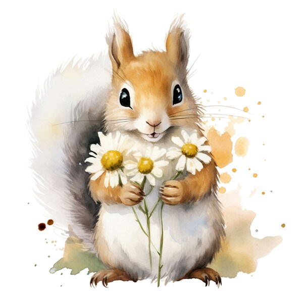 11 Squirrel With a Flower Clipart,PNG, Squirrel Clipart, Squirrel Sublimation,Watercolor Squirrel clipart, clipart pack, nursery art