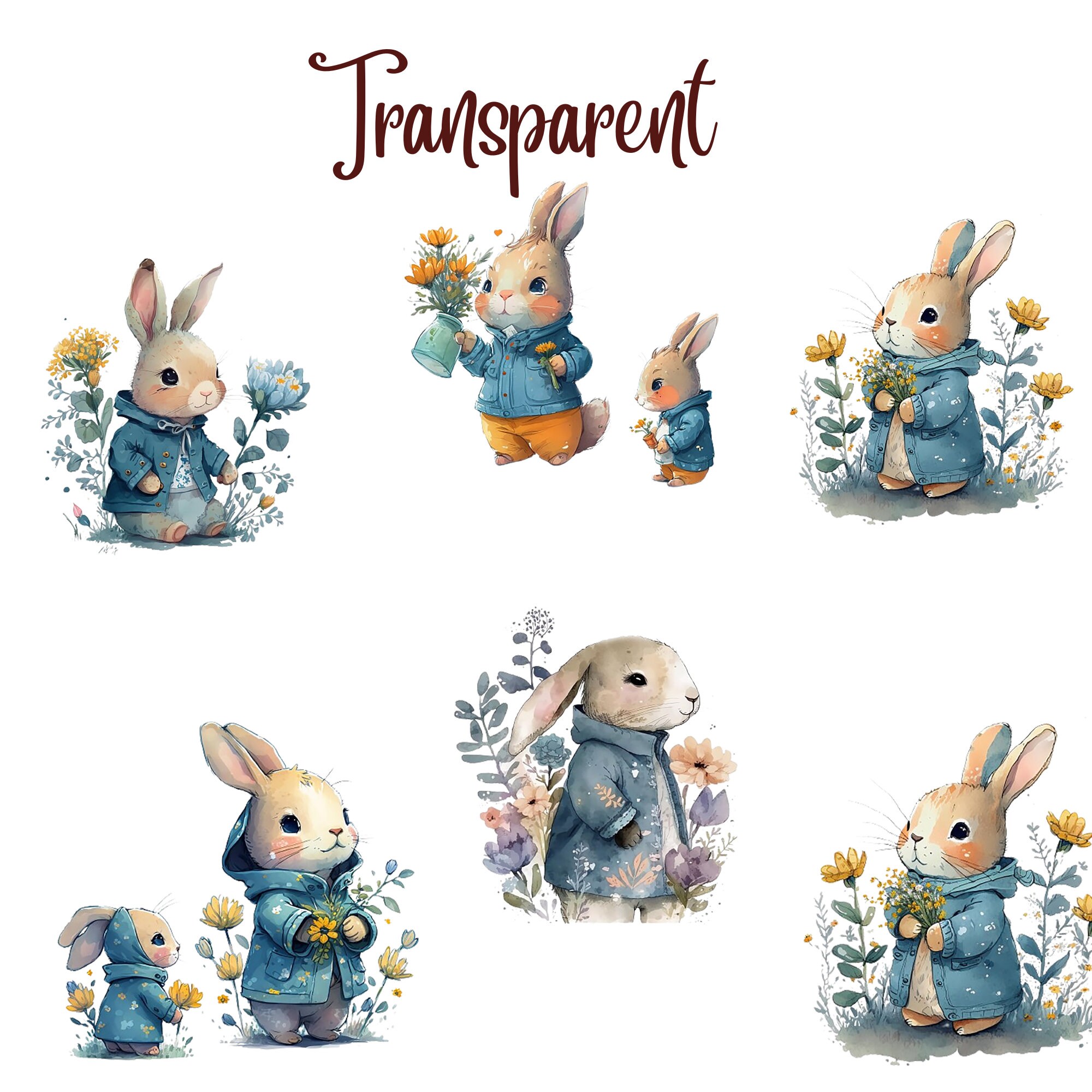 Watercolor Bunny Flower Clipart, Cute Rabbit PNG JPG (digital Download ...