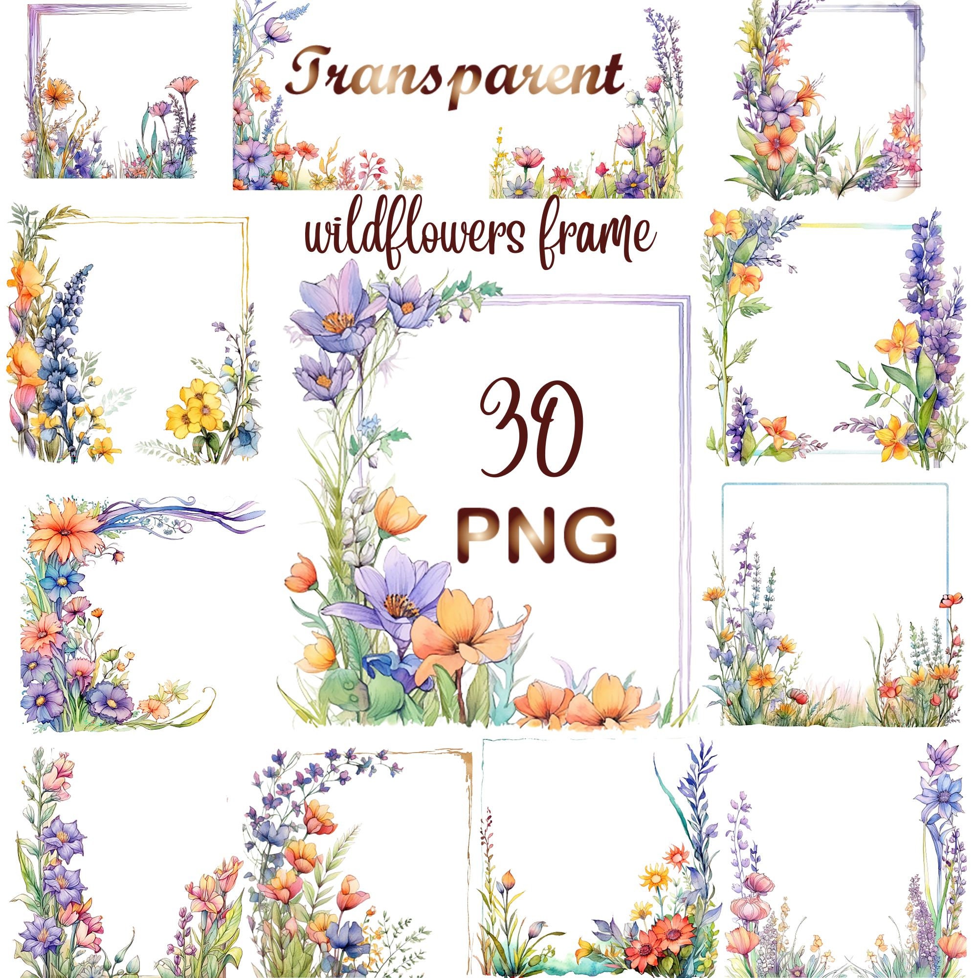 30 Watercolor Wildflowers Border Clipart, Spring Border art, Wildflowers Border clipart, Flowers Border, Digital Download, Commercial Use
