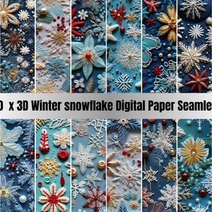 Può includere: 20 motivi di carta digitale senza cuciture con fiocchi di neve invernali 3D in vari colori e design, tra cui blu, bianco, oro, rosso e argento. I motivi sono perfetti per progetti di artigianato, scrapbooking e design digitale.