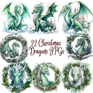 22 Christmas Dragons JPGs, Christmas Clipart, High Quality JPGs, Digital Download, Card Making, Digital Craft, Dragon clipart