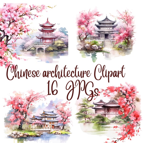 16 aquarel Chinese architectuur clipart JPGs, commercieel gebruik, digitale download, kaart maken, gemengde media, digitale papier ambachtelijke