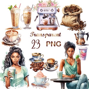 以下が含まれることがあります： コーヒーショップのシーンを描いたデジタルイラスト。様々なコーヒー飲料、コーヒーメーカー、コーヒーを飲む女性、コーヒー豆が描かれている。水彩画風のイラストで、背景は明るい。