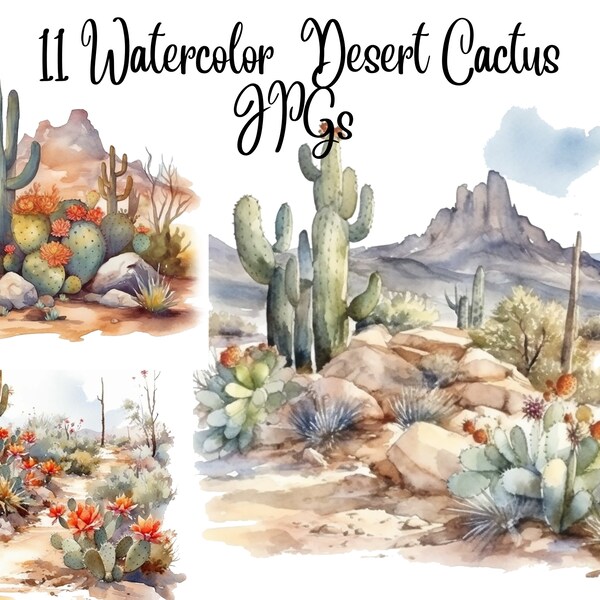 11 Watercolor Desert Clipart, Cactus Clipart, JPGs, Commercial use, Digital Download,Watercolor Clipart,Card Making,Clip Art,Digital Craft