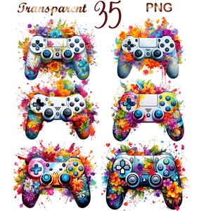 May include: Four colorful illustrations of a video game controller with a white background. Each controller is surrounded by colorful flowers and paint splatters. The text "Transparent 35 PNG" is at the top of the image.