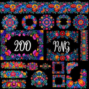 May include: A selection of vibrant floral designs on a black backdrop. The designs feature borders, wreaths, and frames, with the text "200 PNG" in white. The flowers are in shades of blue, red, yellow, and purple.