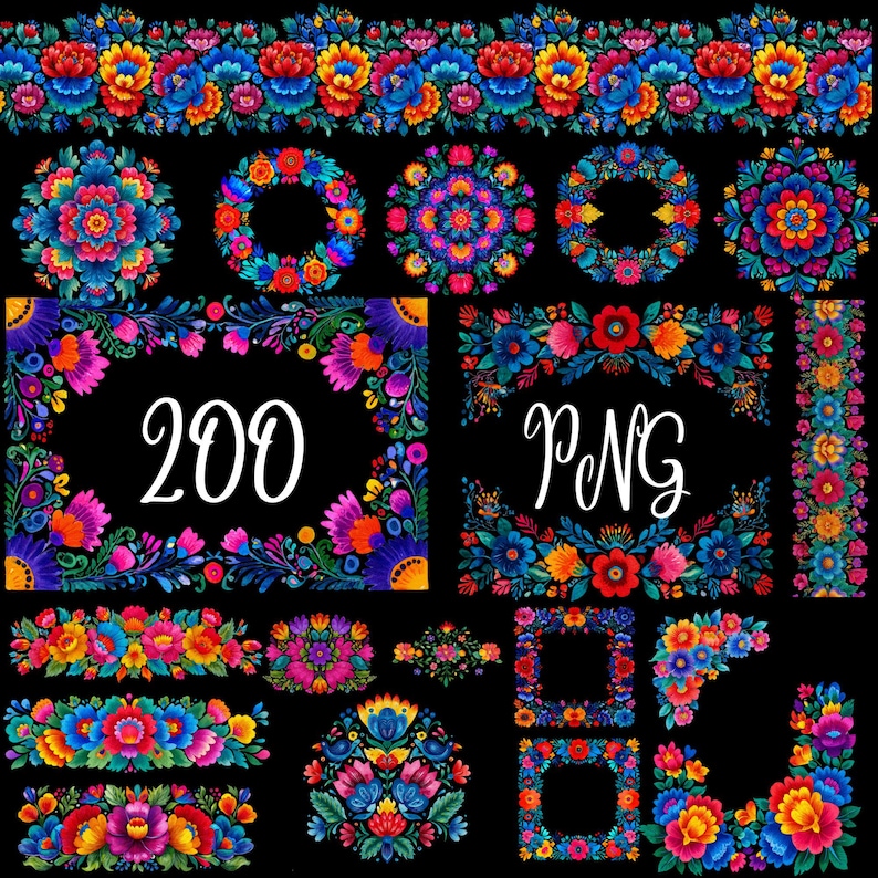 May include: A selection of vibrant floral designs on a black backdrop. The designs feature borders, wreaths, and frames, with the text "200 PNG" in white. The flowers are in shades of blue, red, yellow, and purple.