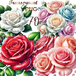 May include: A bouquet of roses in various colors, including red, pink, white, and blue. The roses are arranged in a cluster and have dew drops on their petals.